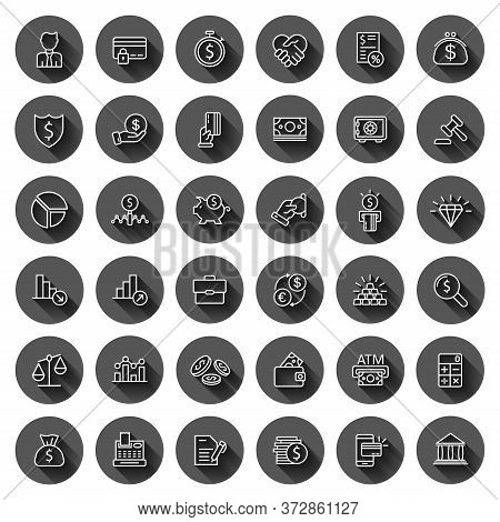 Business Icon Set In Flat Style. Finance Investment Vector Illustration On Black Round Background Wi