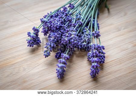 Lavendel Flower On Wooden Background - Fresh Violet Flower