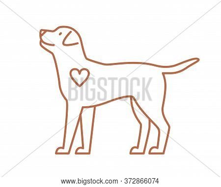 Cute Dog With Heart Vector Flat Illustration In Line Art Style. Funny Domestic Animal Isolated On Wh