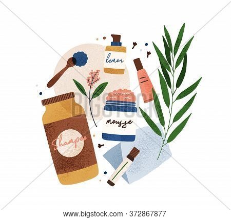 Colorful Bottle And Tubes Of Organic Cosmetics With Natural Ingredients Vector Flat Illustration. Ec