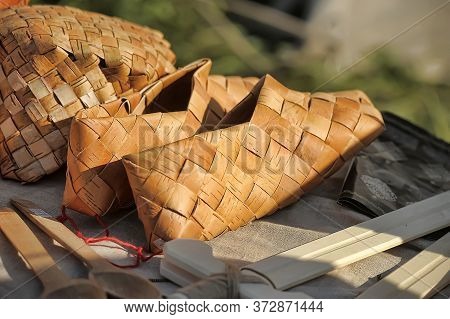 Bast Shoes Hanging At Russian Souvenir Market