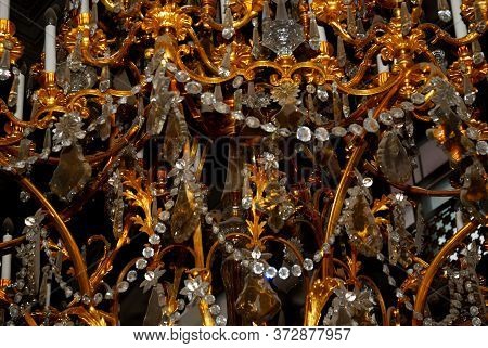 Beautiful Antique Crystal Chandelier With Gilding Close Up