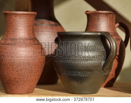 Clay Pots And Jugs For Sale.  Close Up