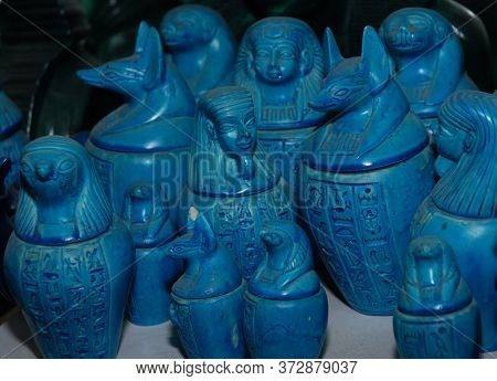 Egyptian Blue Figures Souvenirs In Shop  Close Up