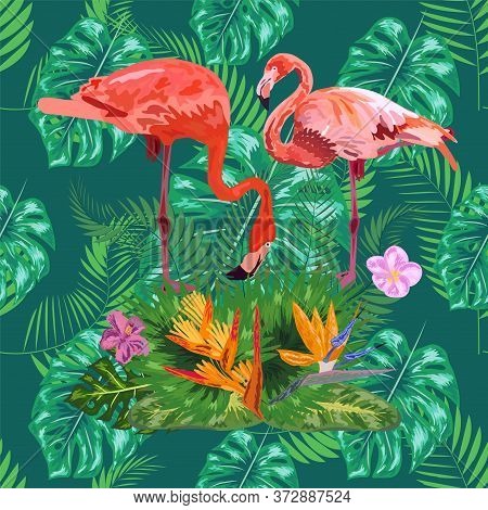 Trendy Seamless Pattern Pink Flamingo Birds Couple. Bright Camelia Flowers. Tropical Monstera Philod