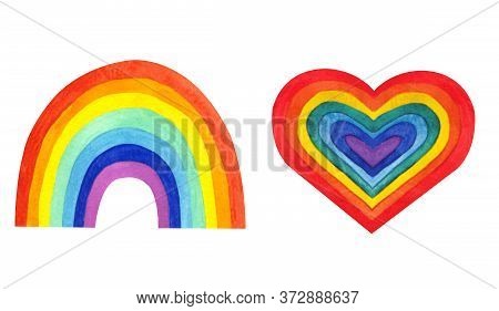 Watercolor Rainbow And Color Heart.. Hand Drawn Colors Stroke Isolated On Whitebac Kground.