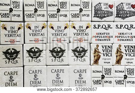 Famous Latin Phrases Used For Souvenirs In Rome (i Came, I Saw, I Conquered - Seize The Day). Rome, 