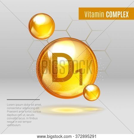 Vitamin D1 Gold Shining Pill Capsule Icon . Vitamin Complex With Chemical Formula, Group D, Cholecal