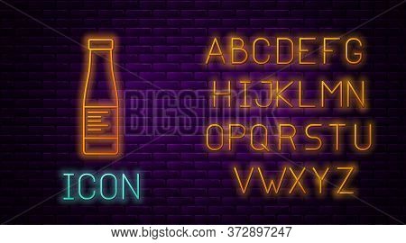 Glowing Neon Line Sauce Bottle Icon Isolated On Brick Wall Background. Ketchup, Mustard And Mayonnai