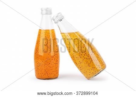 Juice With Chia Seeds In A Bottle On A White Background