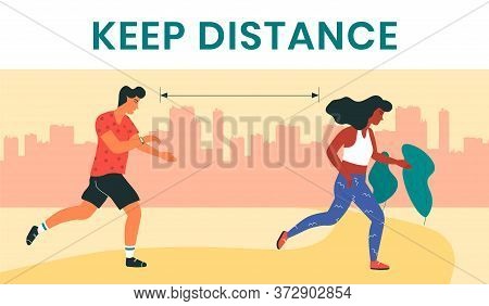 Female And Male Runners, Keeping The Distance As A Preventive Measure In Coronavirus Pandemic. Moder