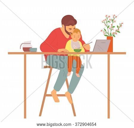 Parent With Kid Vector, Male Sitting By Table With Child Feeding It, Kiddo Wearing Bib, Man Watching