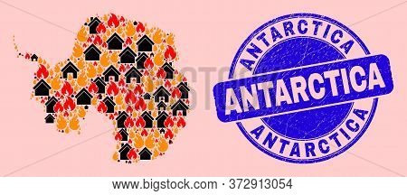 Flame And Houses Combination Antarctica Continent Map And Antarctica Textured Stamp Seal. Vector Col