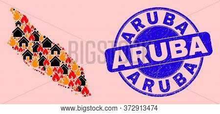 Fire Hazard And Homes Collage Aruba Island Map And Aruba Scratched Stamp Print. Vector Collage Aruba