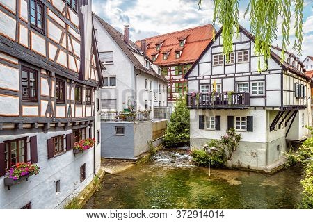 Street With Vintage Half-timbered Houses In Old Town Of Ulm, Germany. Medieval Fish Quarter Is Touri