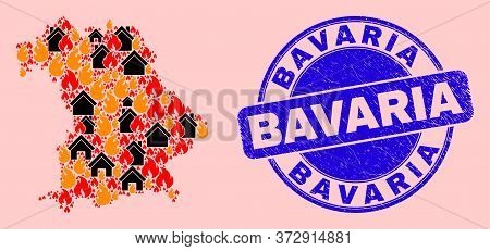 Fire Disaster And Property Collage Bavaria Land Map And Bavaria Unclean Stamp Seal. Vector Collage B