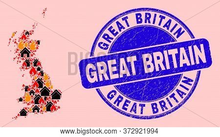 Fire Disaster And Homes Collage Great Britain Map And Great Britain Rubber Stamp Imitation. Vector C