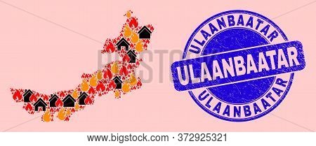 Fire And Property Mosaic Inner Mongolia Map And Ulaanbaatar Textured Seal. Vector Mosaic Inner Mongo