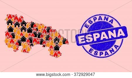 Fire Disaster And Houses Mosaic La Rioja Of Spain Map And Espana Scratched Watermark. Vector Collage