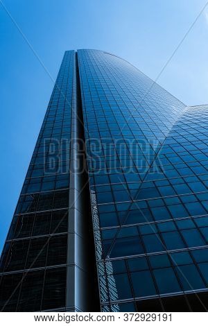 Madrid, Spain - June 14, 2020: Skyscraper Against Blue Sky In Four Towers Business Area. Torre Espac
