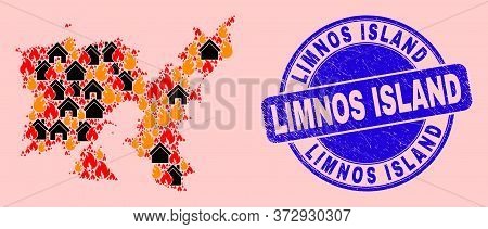 Fire And Homes Mosaic Limnos Island Map And Limnos Island Unclean Stamp. Vector Collage Limnos Islan