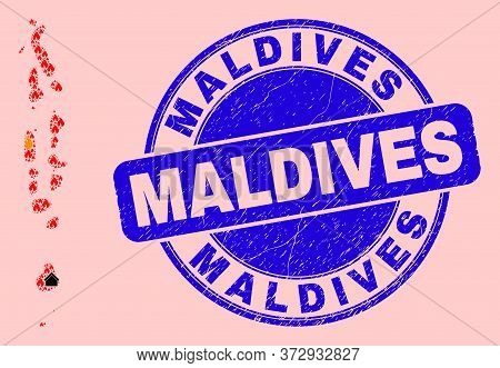 Fire Hazard And Buildings Combination Maldives Map And Maldives Textured Stamp. Vector Collage Maldi