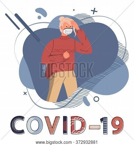 Young Blonde Woman Wearing Face Medical Mask Protesting Against Spreading Covid-19. Blue Abstract Ve
