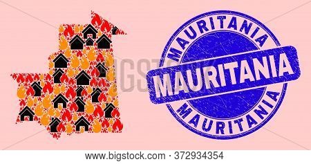 Fire And Houses Composition Mauritania Map And Mauritania Rubber Stamp Imitation. Vector Collage Mau