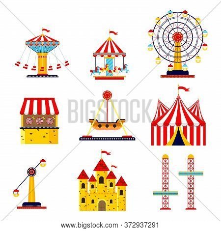 Amusement Park, Circus And Fun Fair Theme Set, With Roller Coasters, Carousels, Castle, Air Balloon.