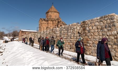 Akdamar Island, Van, Turkey - February 2020: Tourists Visiting Akdamar Island And Surp Church Akdama