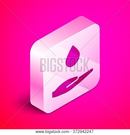 Isometric Washing Hands With Soap Icon Isolated On Pink Background. Washing Hands With Soap To Preve