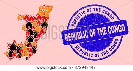 Flame And Buildings Collage Republic Of The Congo Map And Republic Of The Congo Unclean Stamp Imitat