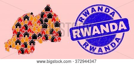 Fire Disaster And Property Mosaic Rwanda Map And Rwanda Dirty Seal. Vector Collage Rwanda Map Is Con