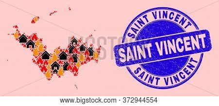 Fire And Homes Composition Saint Barthelemy Map And Saint Vincent Dirty Stamp. Vector Collage Saint 