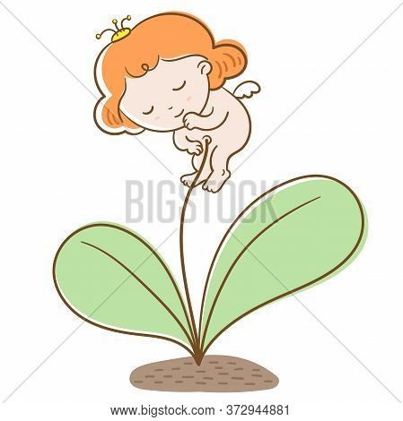 Baby Flower. A Cute Flower Baby Grew Up On The Soil. Vector Flat Illustration.