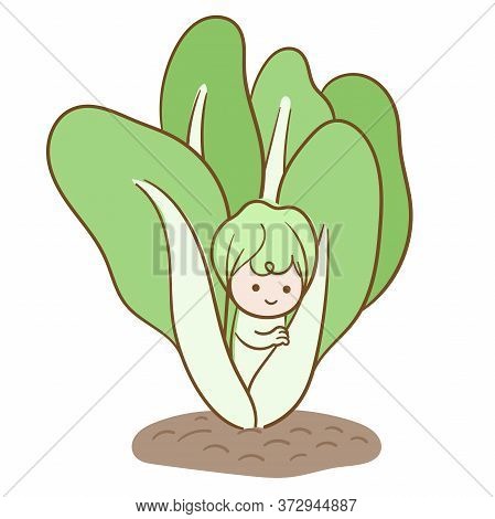 Baby Vegetable. A Cute Vegetable Baby Grew Up On The Soil. Vector Flat Illustration.