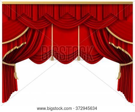 Retro Red Stage Curtain. Realistic Luxury Silk Curtains, Theater Scene Interior Drapery Decoration, 