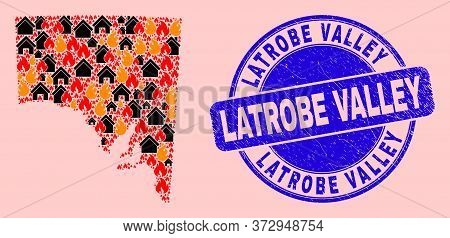 Fire And Houses Mosaic South Australia Map And Latrobe Valley Dirty Stamp Seal. Vector Collage South