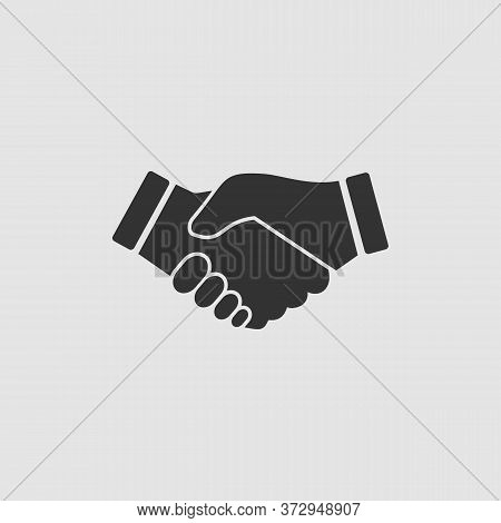 Business Handshake, Contract Agreement Icon Flat. Black Pictogram On Grey Background. Vector Illustr