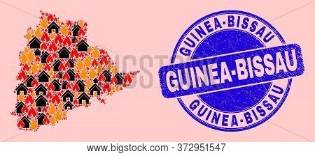 Flame And Homes Collage Telangana State Map And Guinea-bissau Scratched Watermark. Vector Collage Te