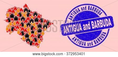 Flame And Houses Mosaic Uttarakhand State Map And Antigua And Barbuda Rubber Stamp Print. Vector Mos