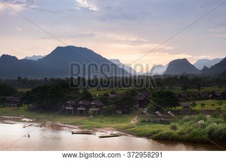 Landscape View Of Mountain With Foggy Under Clear Sky Located At Tropicana Location At Vang Vieang L