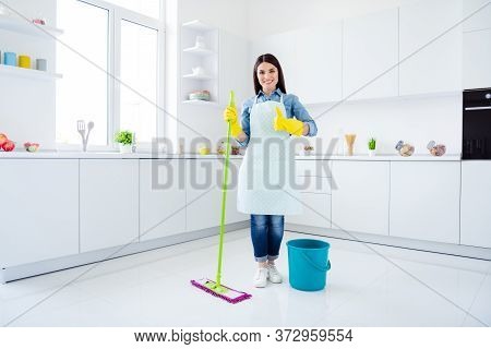 Full Length Body Size View Of Her She Nice Attractive Lovely Cheerful Cheery Housemaid Domestic Work