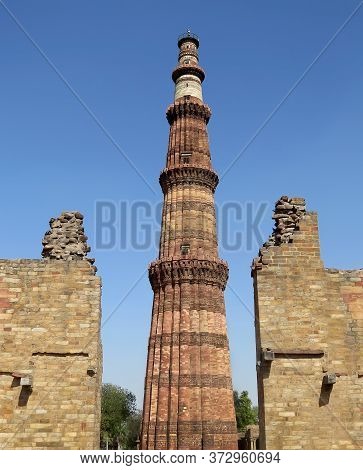 View Of The Highest In India Minaret Kutub Minar - A Vivid Representative Of Mughal Architecture Of 