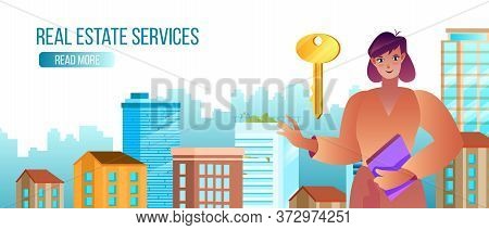 Rental Vector Illustration In Flat Style With Cute Female Broker, Office Buildings, Cityscape, Key. 