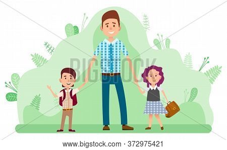 Back To School, Father And Two Happy Kids With Backpacks Isolated On Backdrop With Green Leaves. Vec