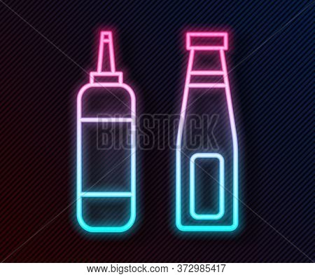 Glowing Neon Line Sauce Bottle Icon Isolated On Black Background. Ketchup, Mustard And Mayonnaise Bo