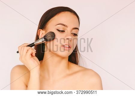 Portrait Beautiful Happy Stylish Girl Put Blusher Rouge Cosmetics On Cheek Isolated White Background