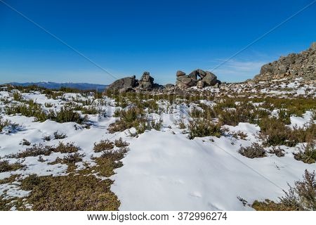 Winter landscape with snow in mountains of Serra do Xures natural park, Galicia, Spain