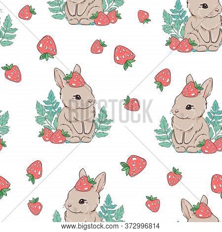 Seamless Pattern Cute Bunny With Strawberry On A White Background. Berry Sweet. Print For Childrens 